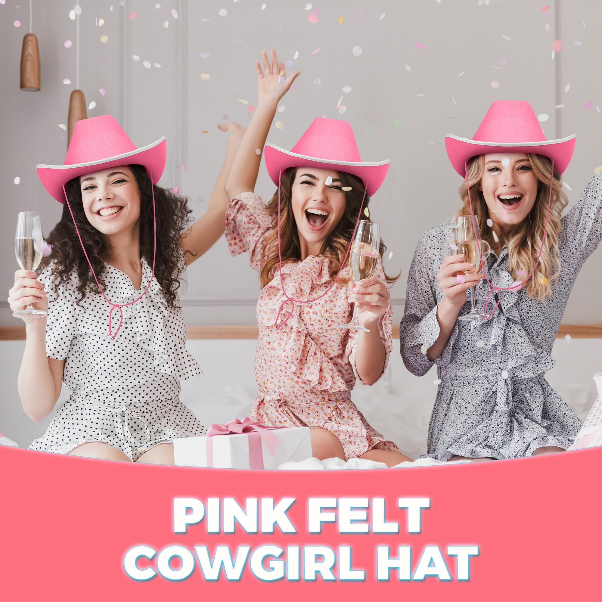 Bedwina Pink Cowgirl Hat for Women & Girls - Felt Western Cowboy Hat with White Trim & Adjustable Chin Strap - Bachelorette, Dress-Up, Rodeo, Costume Accessory, Party Favor, Themed Events